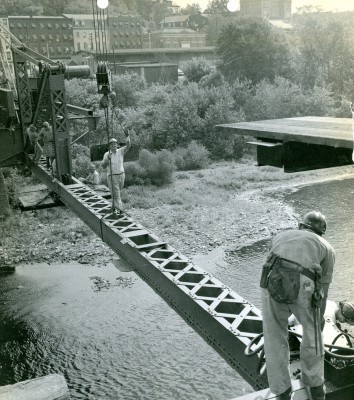 Flood ravaged Northampton Street Bridge restored and reopened October 23, 1957.